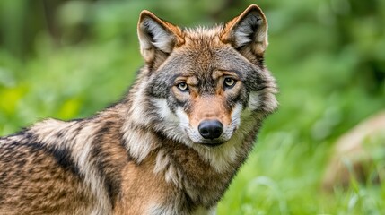 Fototapeta premium Majestic red wolf portrait, forest background, wildlife, nature photography for conservation.