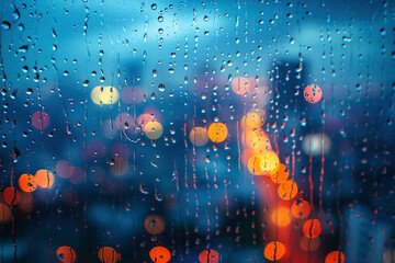 窓ガラスの雨滴と夜景