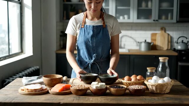 Preparing dough on kitchen counter. Woman baker mixes flour egg in bowl. Bread and pastry on table. Apron clad baker kneads dough. Natural light highlights hands. Baking shows hands shaping dough.