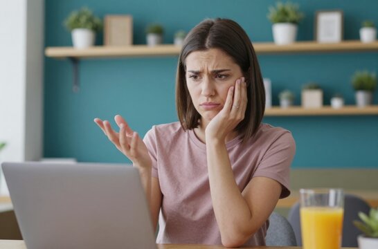 Frustrated woman looking at laptop screen with confused expression, depicting remote work challenges and technical difficulties