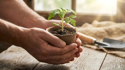 Hands holding small green plant, eco friendly concept.