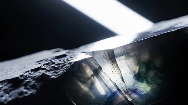 Close-up of a black and white rough-edged crystal-like surface reflecting light and dark areas