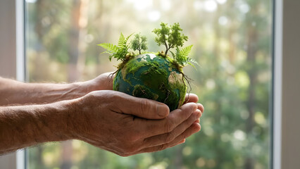 Hands holding green planet earth with plants.