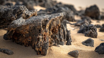 Fototapeta premium Weathered volcanic rocks on sandy beach landscape.