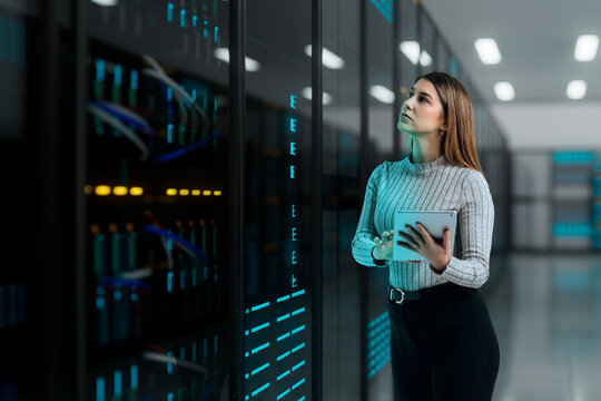 3D woman inspecting data server holding tablet device