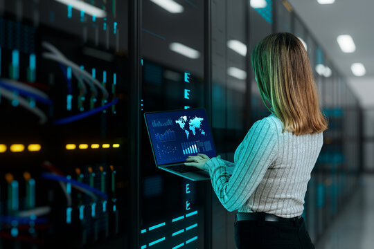 3D woman using laptop with server analytics interface