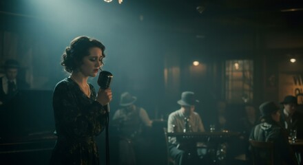 Woman singer performing on stage with vintage microphone. Atmospheric retro jazz club concert for entertainment event.