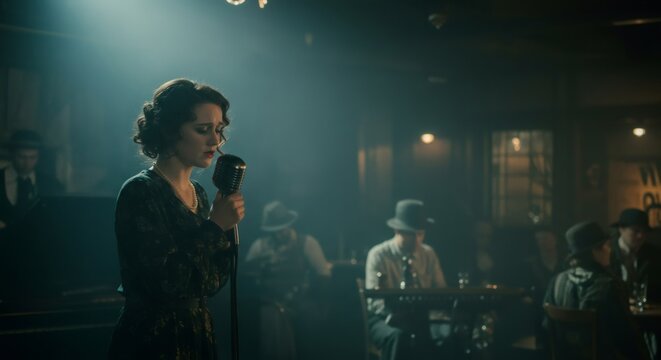 Woman singer performing on stage with vintage microphone. Atmospheric retro jazz club concert for entertainment event.