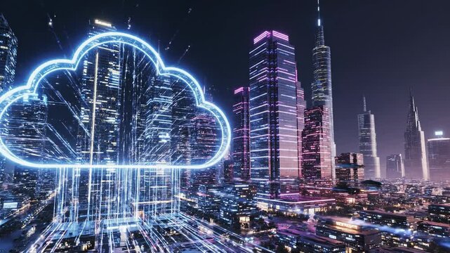 Cloud computing concept with futuristic cityscape and neon cloud
