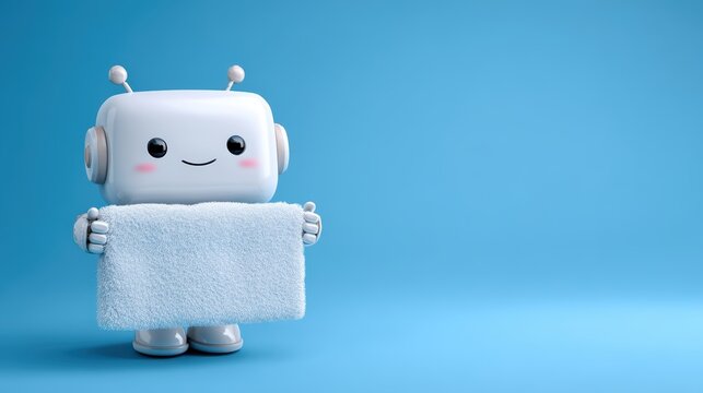 A cheerful, cartoonish robot holds a fluffy towel against a soft blue background, exuding a friendly and playful vibe, gym trainer robot