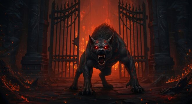 Dark wolf with glowing red eyes and bared fangs emerging from hellish gate with fire. Horror and fantasy concept for Halloween or fearful storytelling.