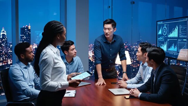 Team discusses data and strategy. Leader points to chart on screen. Group in meeting reviews data. Business team meets around table. Presentation highlights growth and market. Discussion shapes plan.