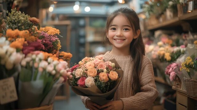 Florist in flower shop holds bouquet of flowers in crayfish, helps customer to choose flowers for gift. Valentine's Day, Birthday, Wedding, Mother's Day