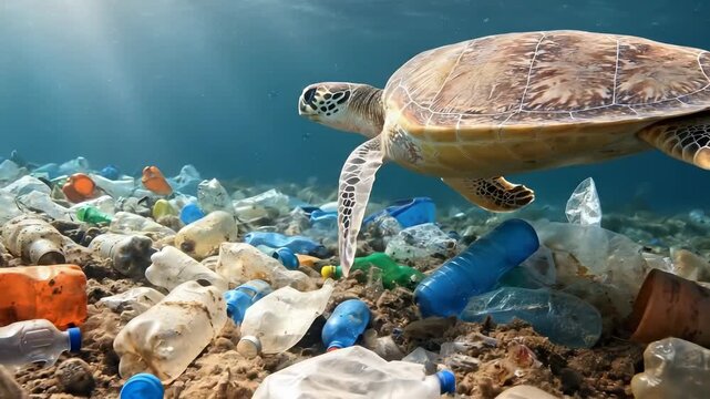 A graceful sea turtle glides through ocean water, its marine habitat tragically filled with extensive plastic waste and varied floating debris, highlighting severe oceanic environmental destruction.