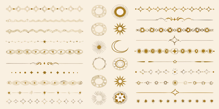 Collection of golden celestial and decorative line art elements
