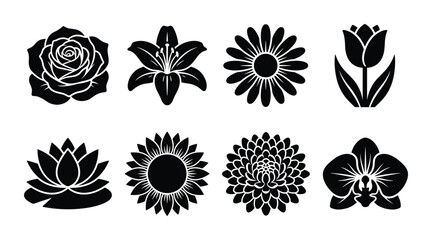 Fototapeta premium Collection of eight different flower blossom silhouettes isolated on white background, featuring a rose, lily, tulip, lotus
