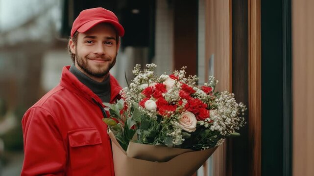 Happy man of flower delivery service in uniform stands near door of house and in hands beautiful bouquet of flowers.Sale, online order of flowers for Valentine's Day, Mother's Day, Birthday, Wedding