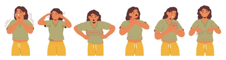 Obraz premium Woman experiencing most common symptoms of panic attack isolated set of character on white
