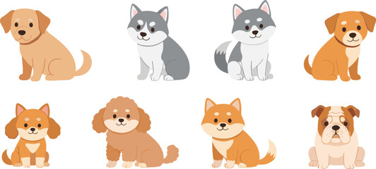 Obraz premium Cute Dog Breed Cartoon Characters Vector Set with Sitting Puppy Poses and Friendly Expressions
