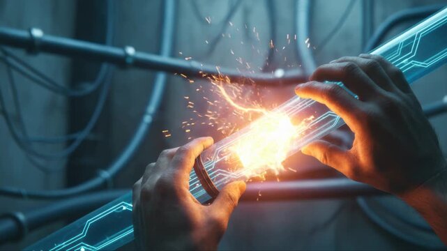 Intense Hands Fix Volatile Sparking AI Energy Cable During Power Crunch Danger