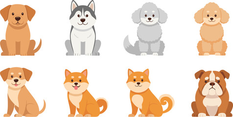Fototapeta premium Cute Dog Breed Cartoon Characters Vector Set with Sitting Puppy Illustrations in Front View