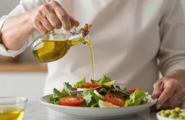 Pouring olive oil onto a fresh salad, healthy eating, culinary preparation, close-up view, food photography