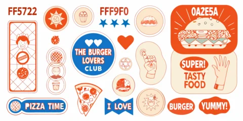 Fototapete Rund Positive Typografie Colorful sticker collection featuring food items hearts and playful typography  © SreemotiRaba