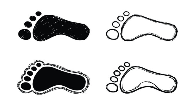 Footprint sketches illustration, foot prints in black and outline styles. foot prints set with hand drawn effect.