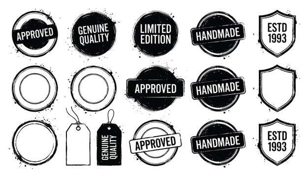 Grunge vector stamps set: Approved, Handmade, Genuine Quality, Limited Edition, and ESTD 1993 shield designs.