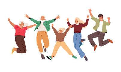 Plakat Multigenerational family of mature parents and adult kids jumping up together in excitement