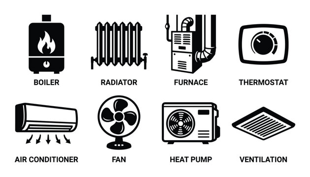 Heating and Cooling System Icons: Boiler, Radiator, Furnace, Thermostat, Air Conditioner, Fan, Heat Pump, Ventilation