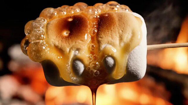 A toasted marshmallow on a stick, perfectly toasted to a golden brown with melted gooey center