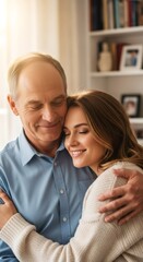 Mature man embracing young woman in a loving hug. Happy family bonding and intergenerational connection for fathers Day card.