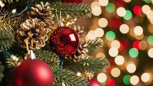 Close-up of a festive Christmas tree adorned with ornaments, pinecones and bokeh lights