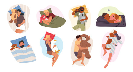 Diverse people characters sleeping peacefully with favorite toy isolated cartoon scenes set
