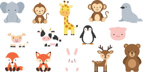 Fototapeta premium Cute Animal Cartoon Vector Set with Wild Farm and Arctic Animals for Kids Illustration