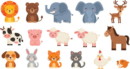 Fototapeta premium Cute Animal Cartoon Vector Set with Wild Farm and Pet Animals Sitting Characters