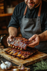barbecue pork ribs in the hands of a chef