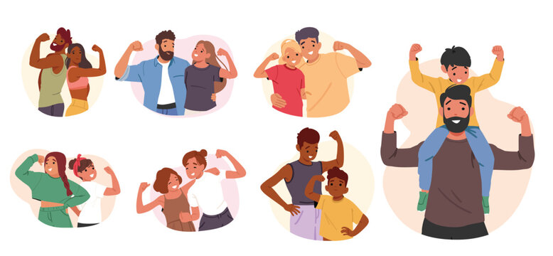People characters in pair diversity showing biceps isolated cartoon portrait set on white background