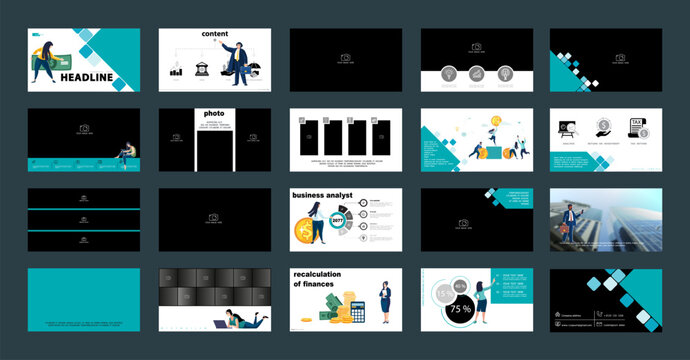 Business infographic presentation. PowerPoint. Blue rhombus design elements template, white background. Houses, people, photos. Teamwork in the city, businessman, annual report. Vector illustration