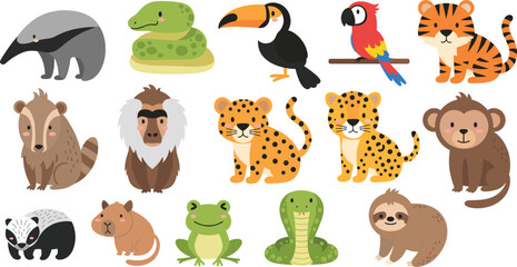 Obraz premium Cute Wild Jungle Animals Cartoon Vector Set with Exotic Mammals Birds and Reptiles