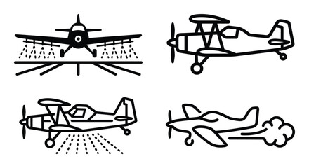 Set of four black line art crop duster airplane vector illustrations in different views and spraying pattern