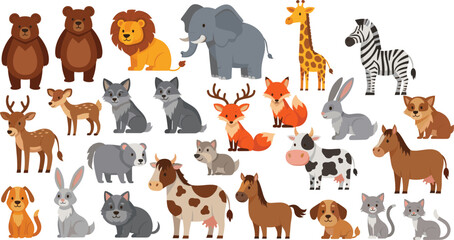 Fototapeta premium Cute Animal Cartoon Vector Set with Wild Farm and Forest Animals for Children Illustration