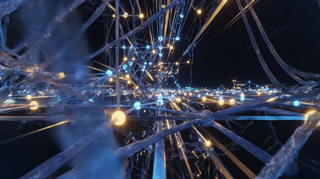 Complex network structure with interconnected nodes and lines in 3d space