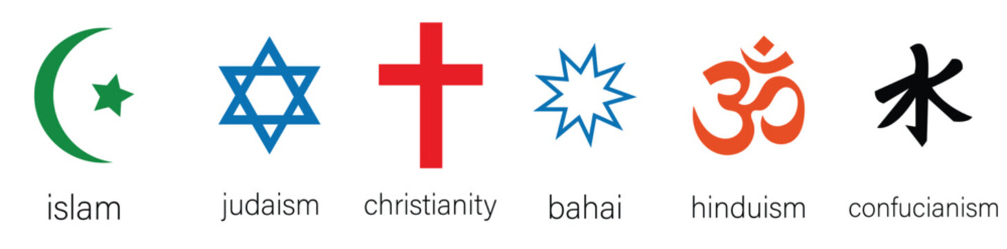 Six major world religion symbols.