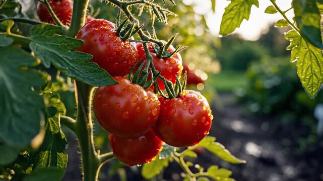 Close-up of ripe tomatoes on vine with dewdrops in a garden setting, with bright sunlight