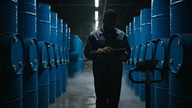Man worker uses tablet checking blue barrel inventory in warehouse. Worker inspects drum storage with tablet. Man checks barrel rows in warehouse facility. Worker with tablet examines drums.