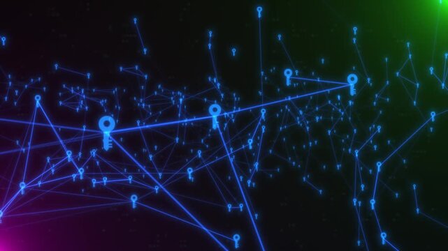 Cyber Security Network With Glowing Keys. Abstract Digital Data Protection, Encryption, And Access Concept With Dynamic Connections And Gradient Lighting, Cyber Security Network With Glowing Blue Keys