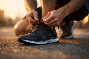 Man tying shoelaces on a dark running shoe outdoors at golden hour, preparing for a run. © Muhammad