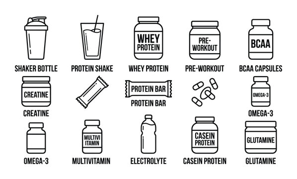Workout supplements vector icons: protein, creatine, BCAA, vitamins, whey, shaker bottle, electrolyte, bar, glutamine